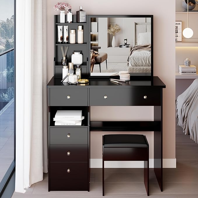 KEIKI Vanity Desk with Sliding Mirror & Cushioned Stool, 37'' Makeup Dressing Table Set for Bedrooms, Dorms, Apartments, Black