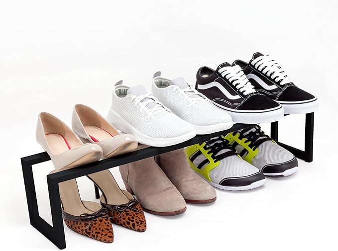 QUALIAZERO 2-Tier Expandable Shoe Rack – Durable Organizer Shelf for Entryways, Bedrooms, Bathrooms, and Laundry Rooms (Galaxy Black, 2 Pack)