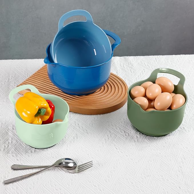BoxedHome 4 Pack Nesting Mixing Bowl with Pour Spout and Handle, BPA free Microwave & Dishwasher Safe(Green/Blue, 4 Pack with Handle)