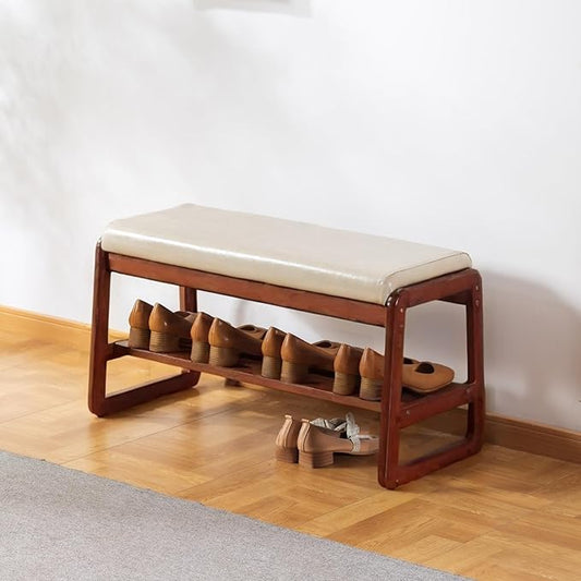 Solid Wood Shoe Bench, 2-Tier Wooden Entryway Bench, Modern Shoe Rack with Faux Leather Cushion for Hallway, Living Room (Gray, 31.5'')