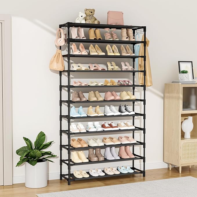 11 Tiers Tall Wide Shoe Rack 55 Pairs Large Capacity Sturdy Durable Shoe Rack for Closet Metal Shoe Organizer Shelf with Two Hooks Space Saving for Entryway Black