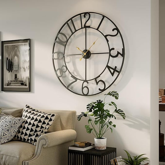 36 Inch Wall Clock, Large Wall Clock Decorative for Living Room, Arabic Numerals Non Ticking Battery-Operated Metal Round Modern Black Wall Clocks for Kitchen, Bedroom, Dining Room, Office