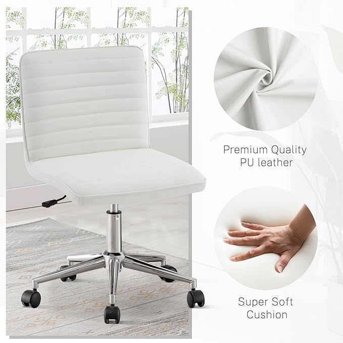 Furniliving PU Leather Home Office Chair, Armless Computer Desk Chair with 360° Swivel Wheels Adjustable Height Comfy Chrome Legs for Living Room Bedroom, Vanity, Office, Ivory White