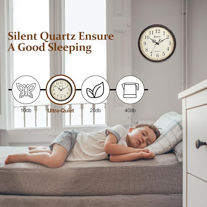 Geevon Vintage Wall Clock, Silent 16" Non Ticking Retro Round Clock Quartz Decorative Battery Operated Wall Clock for Kitchen,Office,Classroom,Bedroom,Living Room Decor