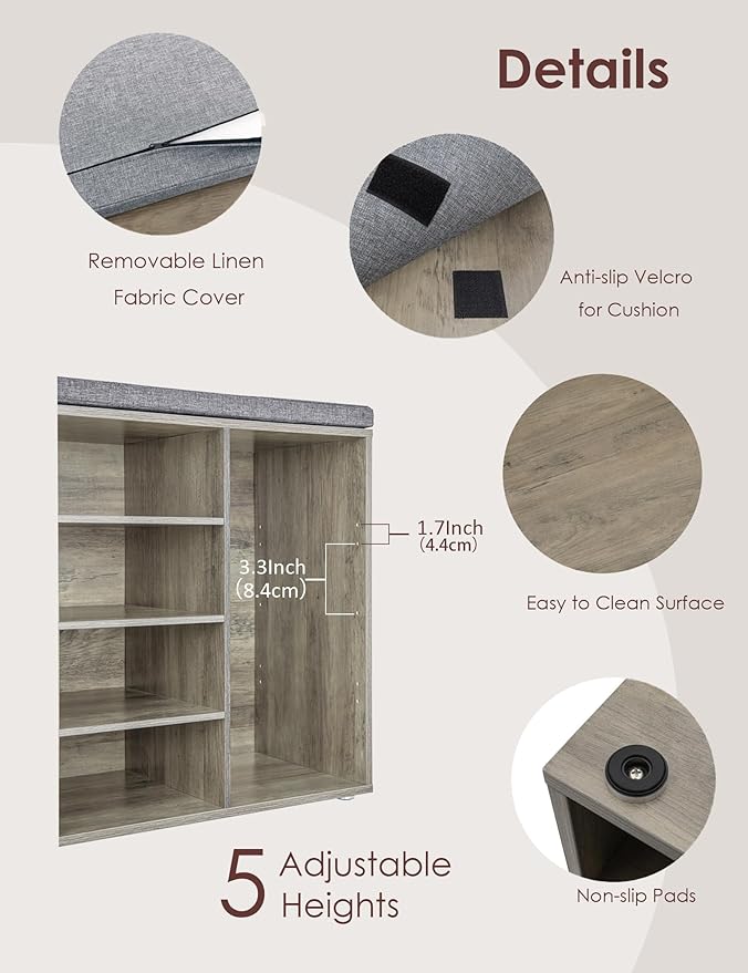 DINZI LVJ Shoe Storage Bench with Cushion, 14-Cubby Shoe Rack, Adjustable Shelves, Multifunctional Shoe Organizer Bench for Entryway, Mudroom, Hallway, Living Room, Bedroom and Garage, Gray Wash