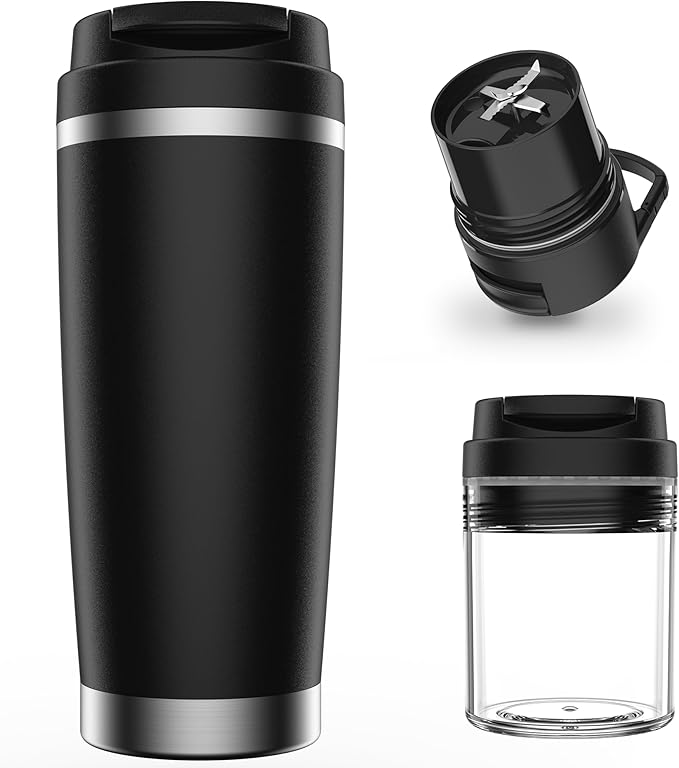 Portable Personal Blender 24oz Vacuum Cup Cordless Blender for 120 Watt Rechargeable Personal Size blender With Stainless Steel Bottle Ideal For-Shakes and Smoothies, BPA Free (Black）