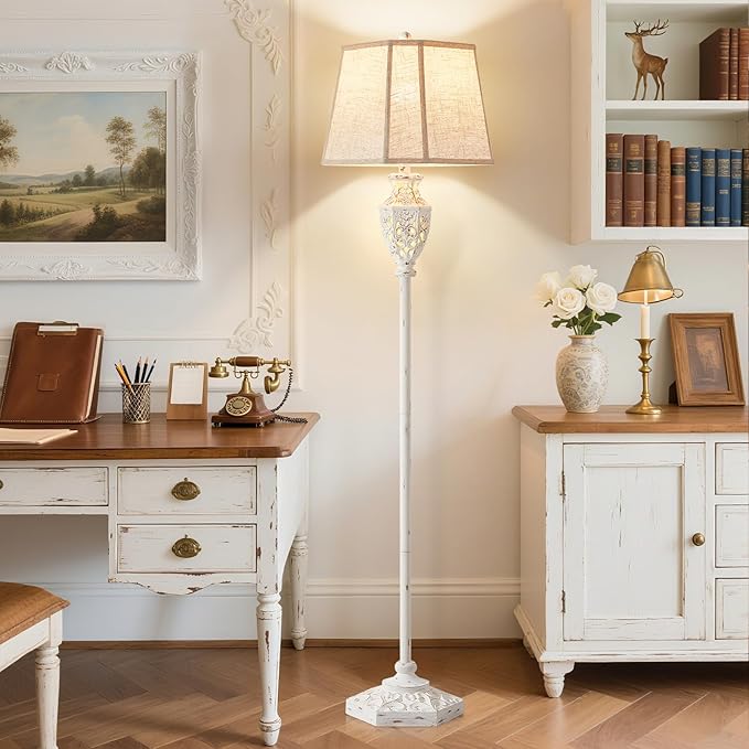 Luvkczc Rustic Floor Lamp - Resin Carved Base with Hollow Night Light, Farmhouse Cottage Decor, Vintage Standing Lamp for Living Room, Bedroom (Includes Bulb)