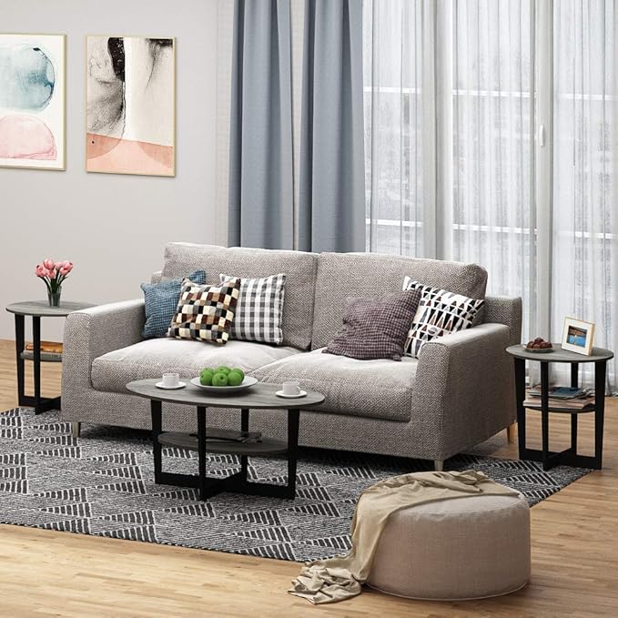 Furinno JAYA Oval End Side Night Stand/Bedside Table, 2-Pack, French Oak Grey/Black