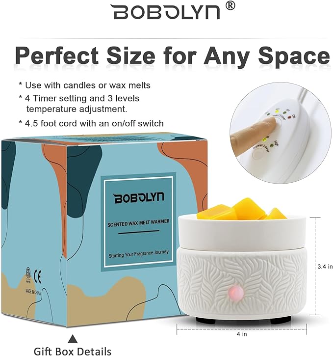 Candle Warmer & Burner - Ceramic Essential Oil 3-in-1 Wax Melter with Timer, Auto Shut Off for Scented Wax Tarts - Aromatherapy for Home, Office, Bedroom & Gifts