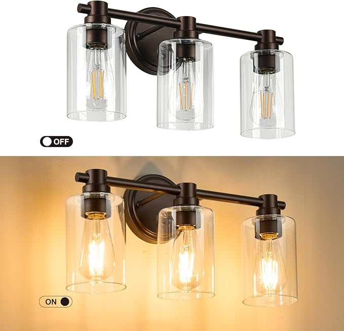 Bathroom Light Fixtures Wall Sconce Light with Clear Glass Oil Rubbed Bronze 3 Lights Bathroom Lighting Over Mirror Vanity Lights for Living Room,Bedroom,Restroom,Hallway E26 Base