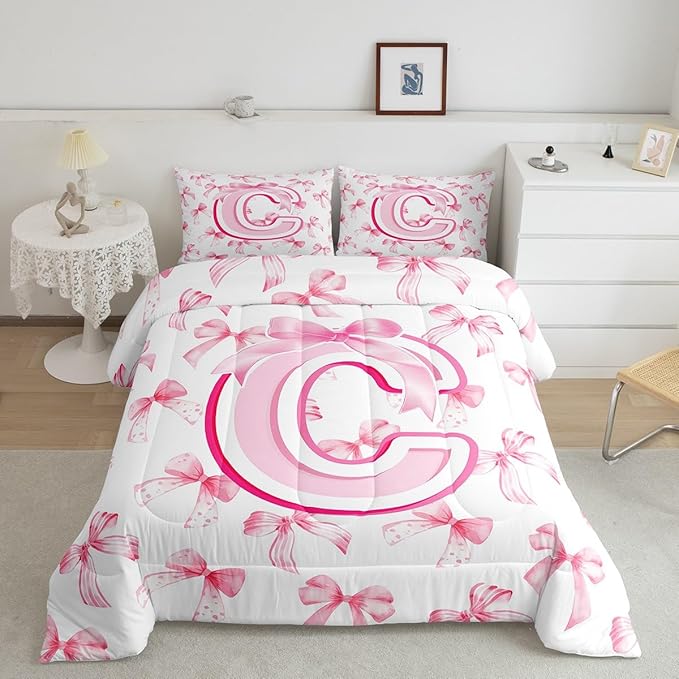 jejeloiu Kids Girls Cute Pink Bow Comforter Set Queen Size Coquette Bow Knot Bedding Set Ultra Soft Personalized Initial C Duvet Quilt Monogrammed Quilt Set Room Decor Modern Fashion Comforter