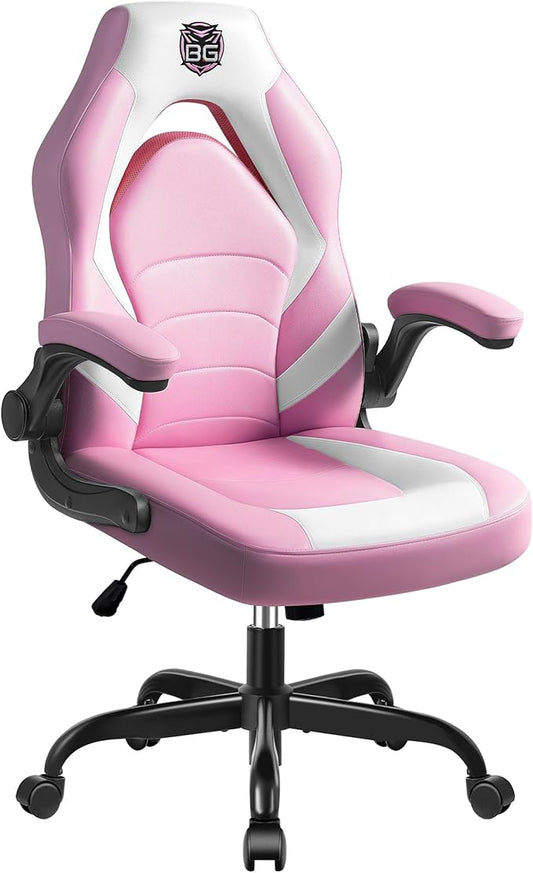 Gaming Chair, Leather High-Back Home Office Desk Chair with Flip-Up Arms, Ergonomic Padded Rolling Wheels Swivel Tilt Gamer Computer Chair with Comfy Lumbar Support, Height Adjustable, Pink