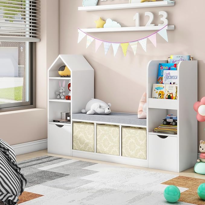 Kids Bookcase and Bookshelf with Reading Nook, Toy Storage Organizer for Kids, White Bookcase with 7 Storage Cubbies 2 Movable Drawers and Seat Cushion for Children's Room, Playroom