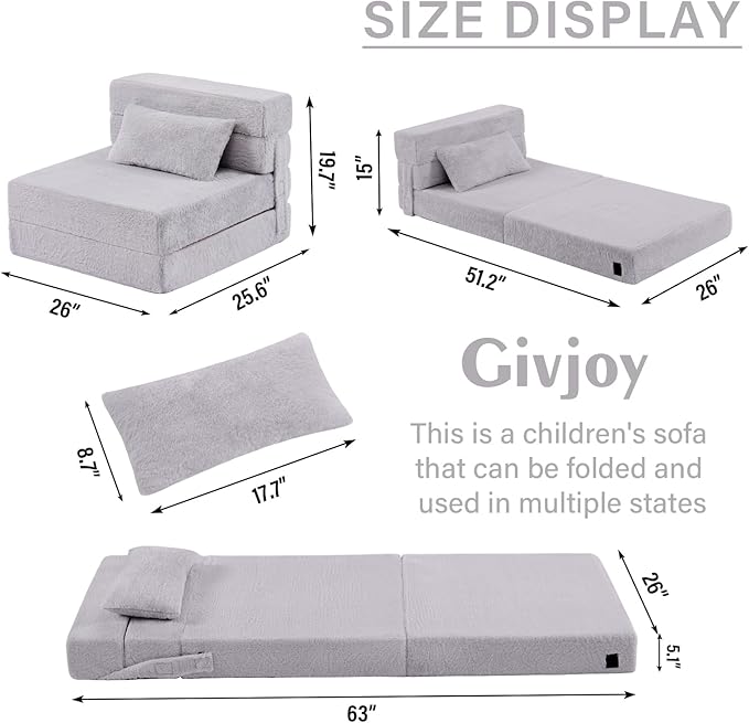 Folding Sofa Bed Floor Mattress for Kids with Pillow, Toddler Washable Folding Floor Nap Mat for Sleeping Daycare, Child Fold Up Sofa Futon Chair Bed with Storage Bag for Girls and Boys