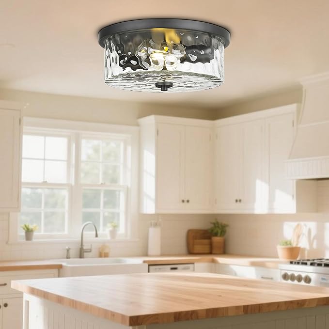 Modern Flush Mount Light, Farmhouse Close to Ceiling Lighting, Hammered Glass Light for Bedroom, Living Room, Kitchen Island (Black, 13" D)