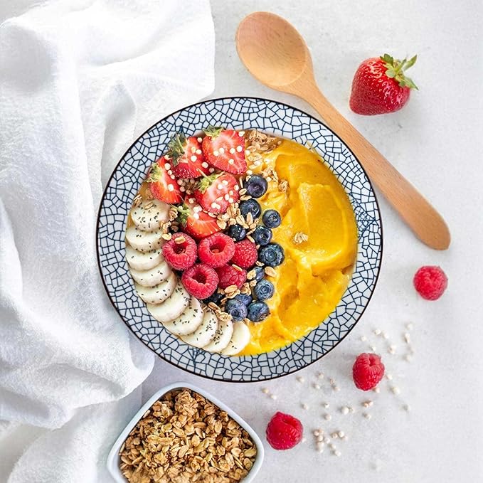 38 oz Japanese Ramen Bowl Set of 6 - Large 8 Inch Ceramic Soup Bowls, Blue and White Japanese Noodle Bowls for Pho, Ramen, and Salad - Leaf Patterns