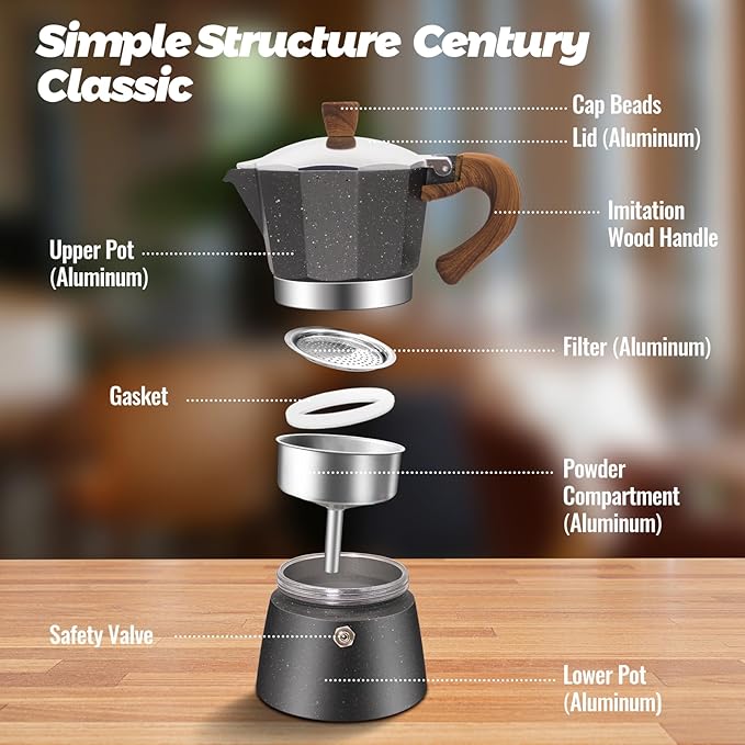 3 Cup Aluminum Moka Pot Classic Stovetop Espresso Coffee Maker 150ml 5oz Coffeemaker Percolator Mocha Pot Greca Coffee Maker Cafe Makers for Italian and Cuban Café Brewing Gray