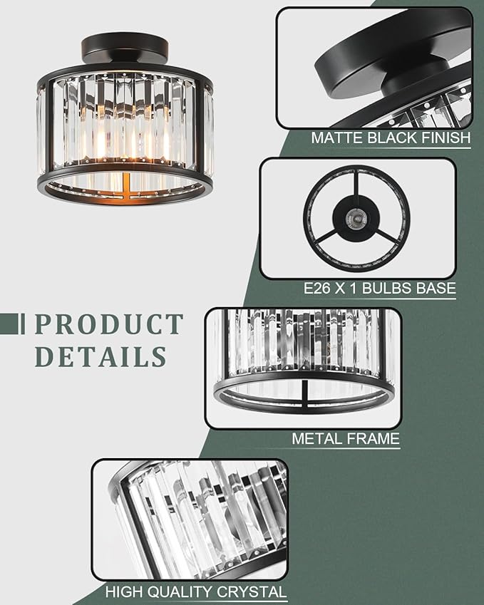 Black Flush Mount Ceiling Light, 2- Light Caged Crystal Chandelier, Small Drum Hallway Light fixtures Ceiling Mount (8.6 INCH Black)
