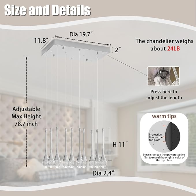 Rectangular Chandeliers for Living Room Silver Dining Room Lights Fixture Raindrop Pendant Lights Kitchen Island Crystal Chandelier for Staircase Hallway Foyer Entryway