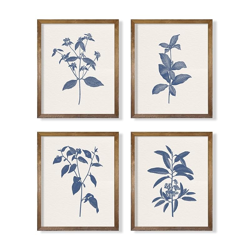French Country Minimalist Plant Wall Decor - Blue Botanical Sketch Drawing Etching Wall Art - Farmhouse Leaf Poster Kitchen - Beige Neutral Vintage Flower Print Picture - Antique Minimal Blue Floral