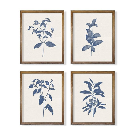 French Country Minimalist Plant Wall Decor - Blue Botanical Sketch Drawing Etching Wall Art - Farmhouse Leaf Poster Kitchen - Beige Neutral Vintage Flower Print Picture - Antique Minimal Blue Floral