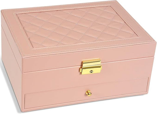 2-Layer Jewelry Box for women, jewelry organizers and storage with Removable Jewelry Tray, vintage quilted top Lockable Jewelry Holder Gift Idea Pink