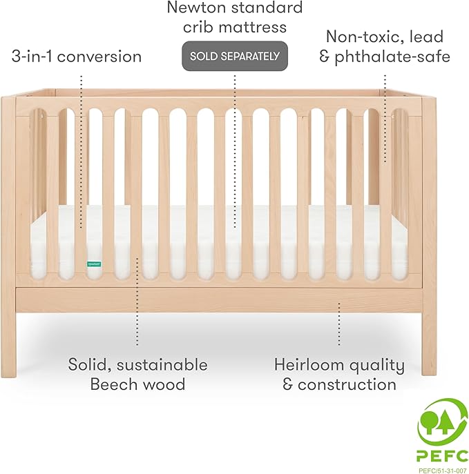 Newton Baby Galileo Standard Crib, Solid Beech Wood in Natural Color, 3-in-1 Convertible Crib with Toddler Bed Conversion Kit, Ultra-Safe Non-Toxic Finish