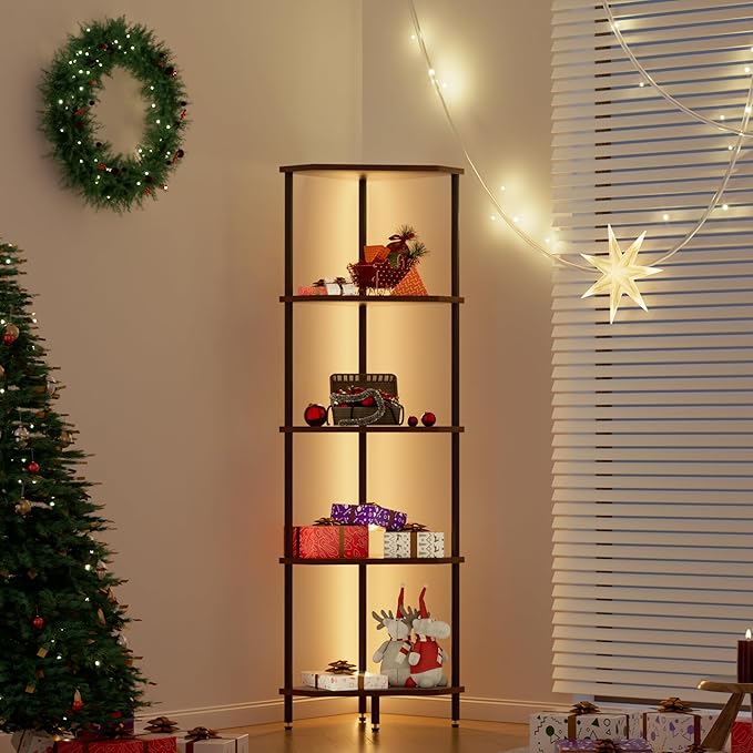 5 Tier Corner Shelf with LED Light,Tall Standing Shelf Organizer,Narrow Bookshelf,The Classic Combination of Rustic Brown and Black Standing Bookcase,Suitable for Bedroom,Living Room,Kitchen