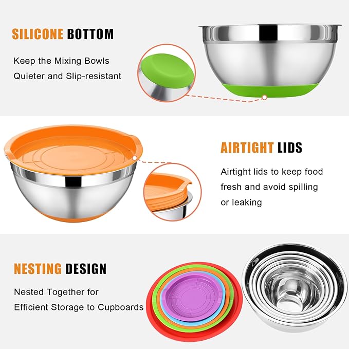 P&P CHEF Mixing Bowl with Lid Set, 5 Piece Stainless Steel Mixing Nesting Bowls for Salad Storage, 3 Grater Attachments & Non-Slip Bottoms, Size 1/1.5/2 / 2.6/4.6 QT, Multicolor