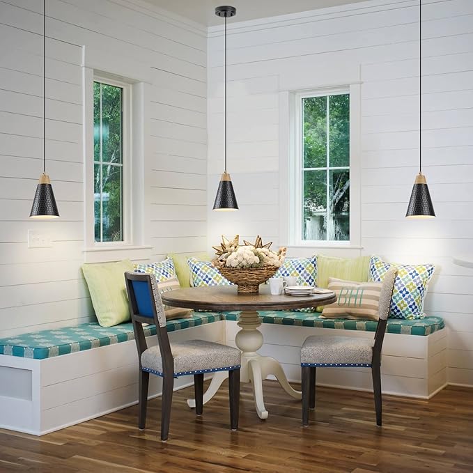 Dijiahua Black Kitchen Pendant Lighting Over Island 3 Pack,Small Modern Farmhouse Chandeliers with Hammered Metal Cone Shade,Mini Industrial Adjustable Cord Hanging Ceiling Lamp Fixtures Over Sink