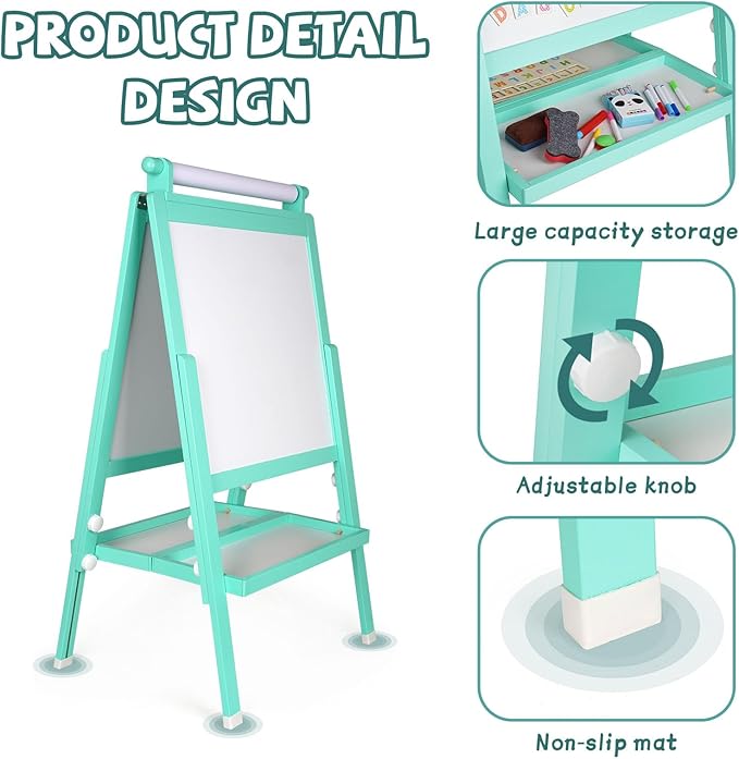 Wooden Art Easel for Toddlers Foldable Kids Easel with Paper Roll Children Double-Sided Whiteboard & Chalkboard Standing Educational Painting and Drawing Easel