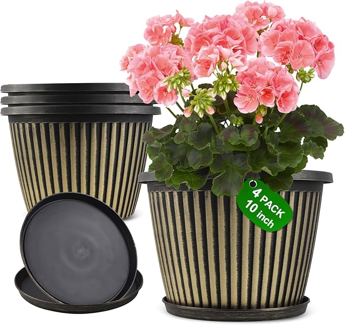 Planter-Pots-for-Plants-Indoor-Outdoor, 4 Pack 10 Inch Plastic Flower Pots with Saucer & Drainage Holes, Modern Garden Planters for Planting Medium Large Plants，Decorative Resin Garden Pots
