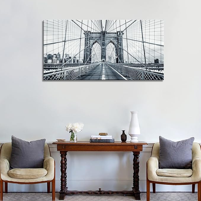 DZL Art Q70775 Black and White New York City Brooklyn Bridge Wall Art Painting Wall Art Canvas Prints Painting Picture Stretched and Framed For Living Room Decor Office Wall Decor Home Decoration