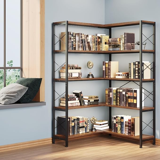 Corner Bookshelves and Bookcases Industrial Corner Etagere Bookcase L Shaped Shelf 5-Tiers with Metal Frame for Living Room Home Office