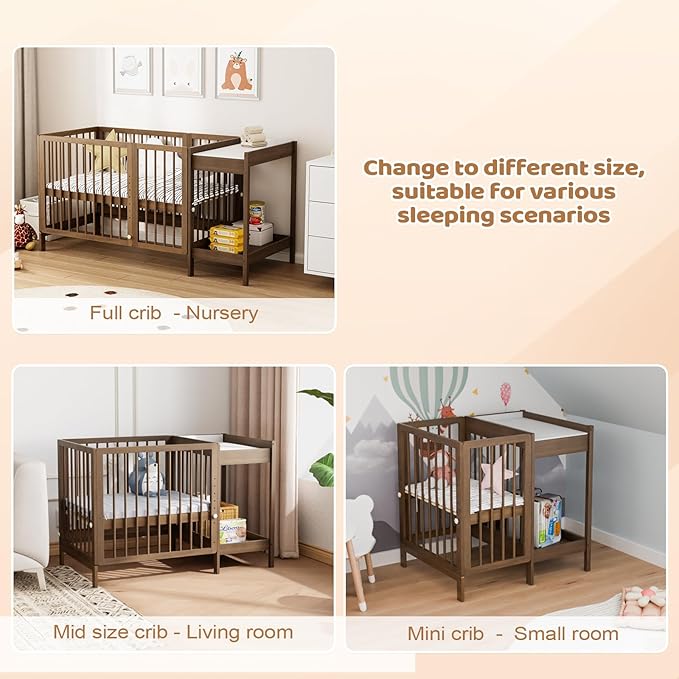 JOYMOR 8 in 1 Convertible Crib with Changer, Include 2” Mattress, Converts to Bassinet, Mid Crib, Full Size Crib, Daybed,Toddler Bed and Playard (Crib with Changer, Honey Wood)