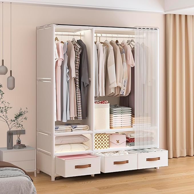 Portable Closet,Portable Closets for Hanging Clothes,Japanese Style Garment Rack Clothing Rack with 3 Drawers,1 Hanging Rods and 2 Storage Shelves,43.3" L x 17.7" W x 65.1" H,White