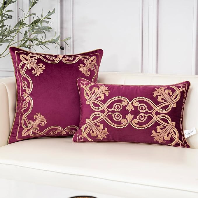 Aeckself Floral Pillow Cover 20x20 Inch, Luxury Velvet Embroidered Decorative Accent Throw Pillow Cover for Couch Bedroom Living Room, Burgundy Red and Gold, Yw-OBYG-Red5050