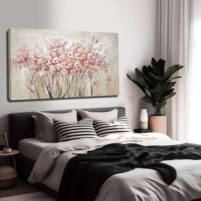 YJYart White Floral Oil Painting Canvas Art Wall Decor Modern Botanical Picture Graffiti Wall Art for Bedroom Living Room Kitchen Office 24" x 48"