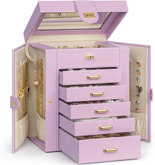 AKOZLIN Jewelry Box Organizer Functional Leather Jewelry Storage Case for Women Girls Ring Necklace Earring Bracelet Holder Organizer with Mirror