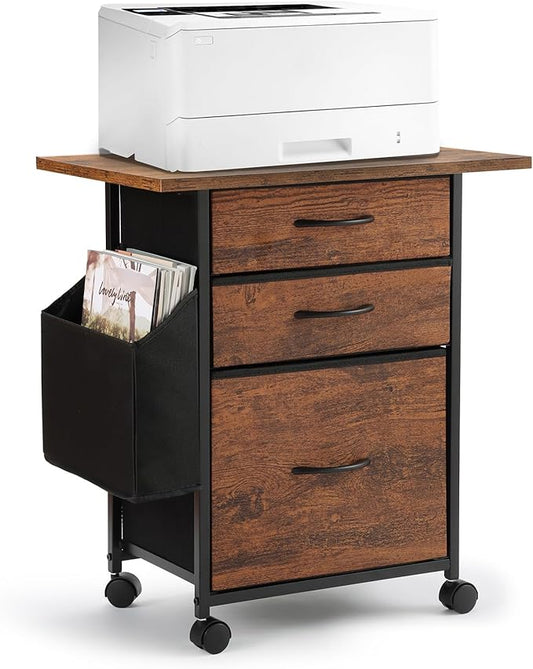KATHY&BOB Printer Stand with 3 Fabric Drawer, Mobile File Cabinet for Home Office with Storage Bag, Rolling Under Desk Organizer Shelf, Fits A4 or Letter Size, Complete Top Plate Fast Assembly