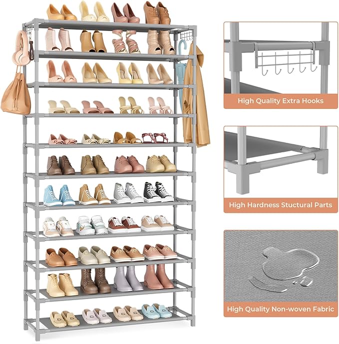 11 Tiers Tall Wide Shoe Rack 55 Pairs Large Capacity Sturdy Durable Shoe Rack for Closet Metal Shoe Organizer Shelf with Two Hooks Space Saving for Entryway Grey