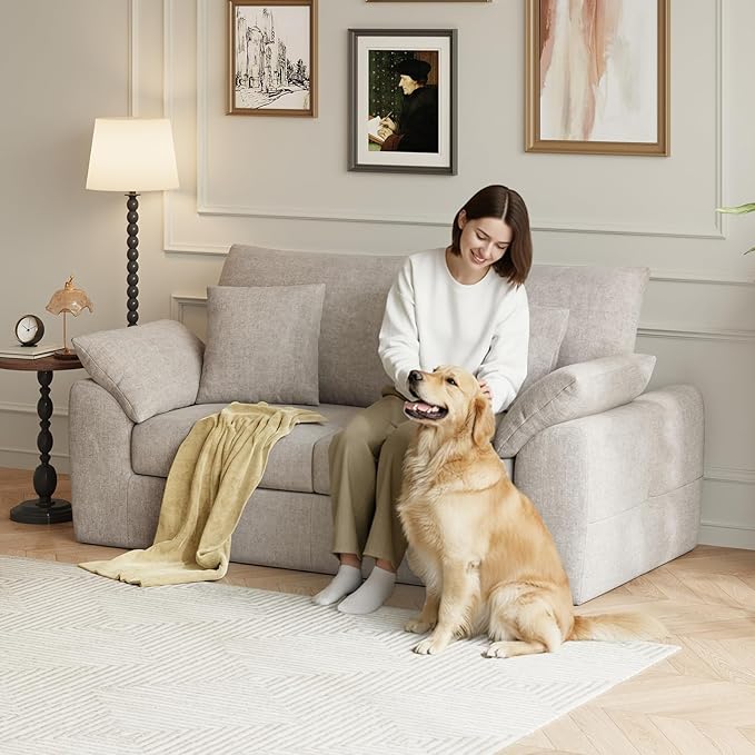 76" Boneless Loveseat Sofa, Cloud Foam Couch, 3 Seater Upholstered Midcentury Mondern Love Seat, Wide Armrest and 4 Pillows for Home Living Room/Small Spaces, No Assembly Required, Camel