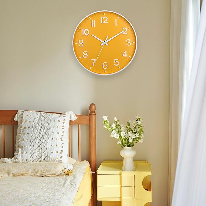 HZDHCLH Yellow Wall Clocks Battery Operated,12 inch Silent Non Ticking Modern Wall Clock for Living Room Bedroom Kitchen Office Classroom Decor