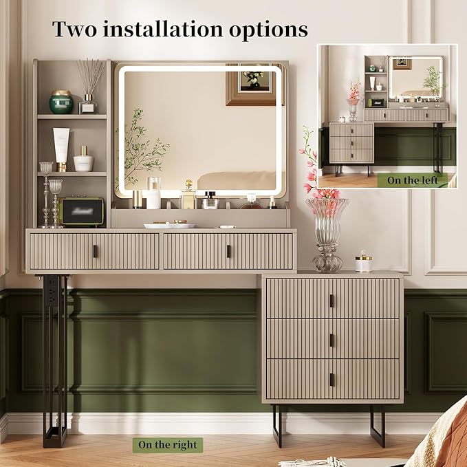 Large Vanity Desk with 3 Color Touch Screen Dimming Mirror, Vanity Desk with Charging Station, Modern Retractable Makeup Dressing Table, Makeup Table with Storage Shelves and 5 Sliding Drawers