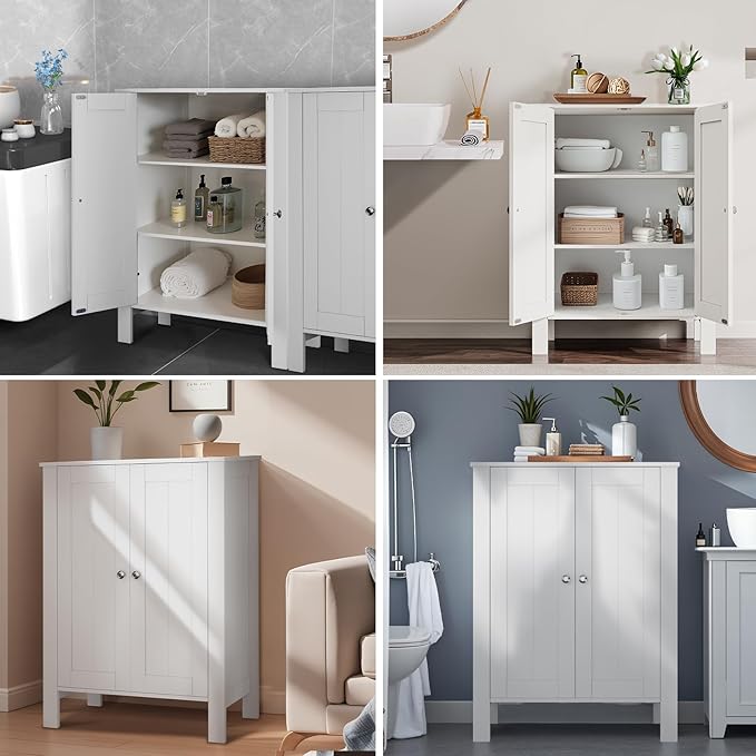 Bathroom Cabinet, Modern Bathroom Floor Storage Cabinet, Freestanding Organizer with Adjustable Shelves & Double Doors, 3-Tier Home Living Room Furniture