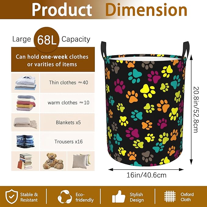 Dog Paw Laundry Basket,Colorful Paws Foldable Laundry Hamper,Dirty Clothes Laundry Basket, Linen Bin Storage Organizer for Toy Collection 16" x 20"