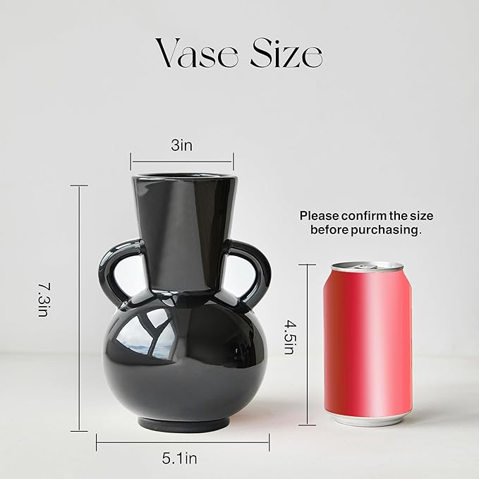 7 Inch Black Ceramic Vase with 2 Handles, Modern Flower Vase Decorative Vases for Bouquet, Unique Vases for Home Decor Farmhouse Living Room Table Centerpieces Wedding Decorations