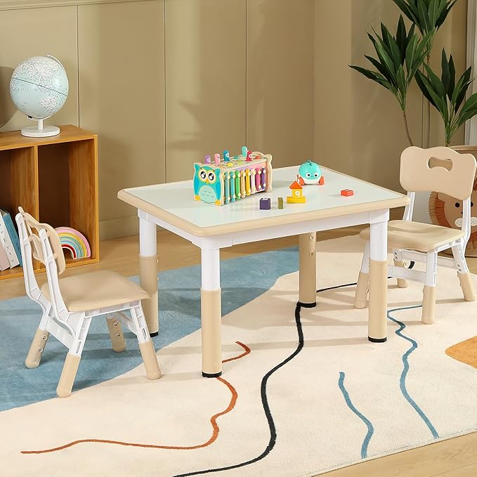 Kids Table and 2 Chair Set, Toddler Table and Chair Set Height Adjustable, 31.5''L x 23.6''W Multifunctional Kids Table for Reading, Drawing, Eating, for Ages 2-10, White Board + Beige