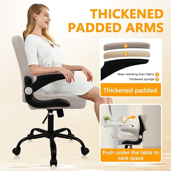 CLATINA Fabric Office Chair Ergonomic Cloth Linen Swivel Desk Chair with Back Support and Padded Flip up Armrests, Executive Rolling Computer Task Chairs for Work, Conference, Home, Study, Beige