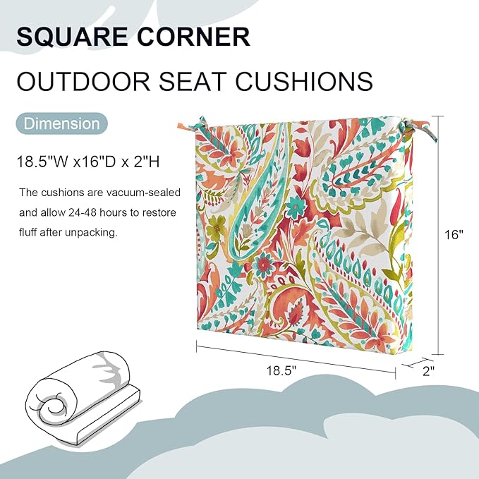 Set of 2 Outdoor Square Chair Cushions 18.5"x16"x2" for Patio, Water Resistant Patio Dining Seat Pads Replacement for Kitchen Garden and Outdoor Furniture Decoration - Pretty Paisley